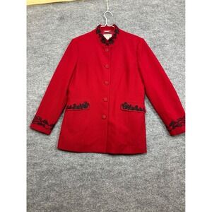 Talbots Petites Red Wool Blend Jacket Black Embroidery Mandarin Collar 12